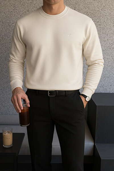 SILVANO Men's Crew Neck Casual Cotton Cream Sweatshirt