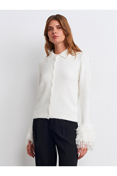 Dilvin 60992 Kolu Püsküllü Triko Hırka-Ekru
