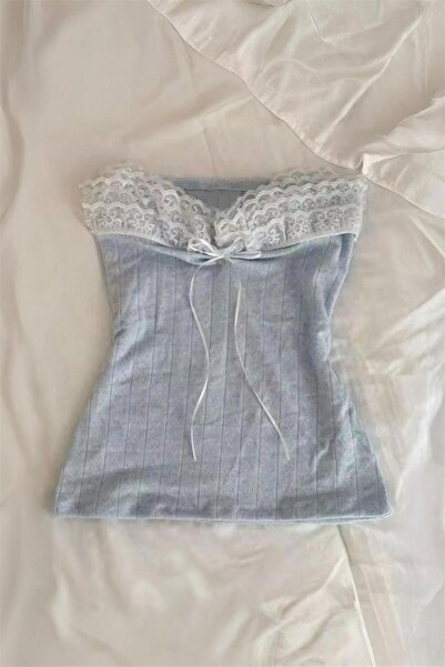 Karakedi Gri Dantelli Kurdeleli Y2K Straplez Crop