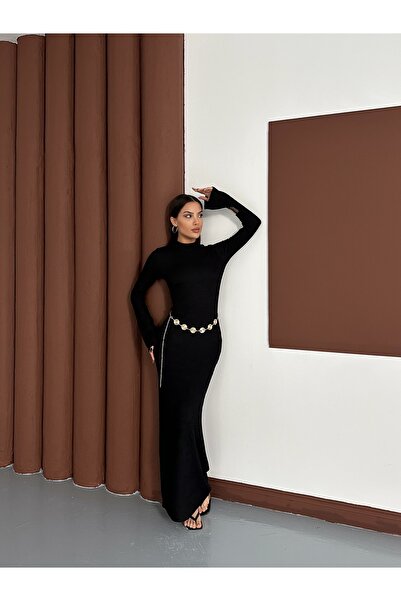 MODAMERSİ Жіноча чорна сукня з довгим поясом