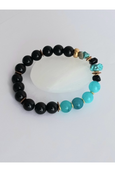 LemaStone سوار من الحجر الطبيعي؛ مصمم من حجر العقيق الأسود والفيروز الفيروزي ...