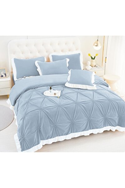 OEM Luxury Double Bed Velvet Bedding Set, 4 Pieces with White Ruffles and Embroidered Pleats, Blue