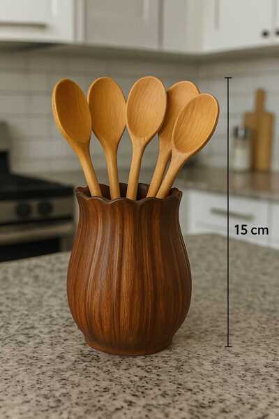 PAPİSAHOME Seramik Kaşıklık Ahşap Desenli Bohem Tarzı Trend 15 cm Sade Tezgah...