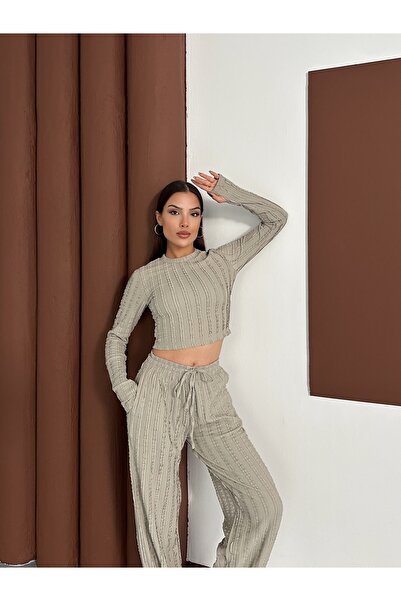 MODAMERSİ Women's Khaki Finger-Tied Ruffle Fabric Top and Bottom Set