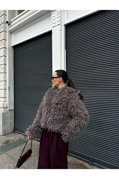 Hotfashion Gri Düğme Detaylı Kürk