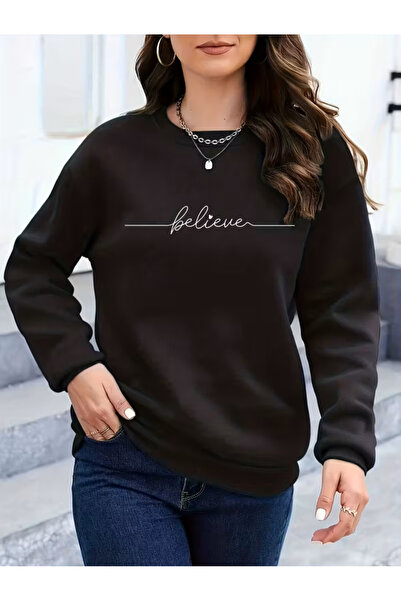 Trend Sizde Unisex Μαύρο μπλουζάκι με στάμπα Believe με λαιμόκοψη