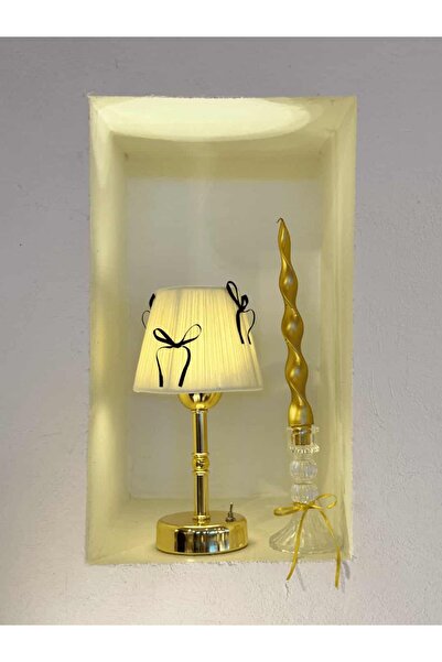 Maison Avf Krem Kadife Siyah Fiyonk Kablosuz Pilli Masa Lambası - Alt Uzun Pa...