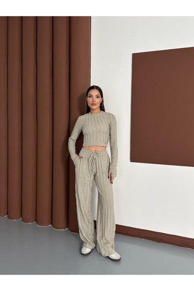 MODAMERSİ Women's Khaki Finger-Tied Ruffle Fabric Top and Bottom Set