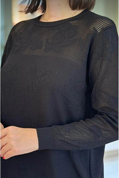 GALA WOMAN Long Sleeve Openwork Knit Sweater with Mesh Detail