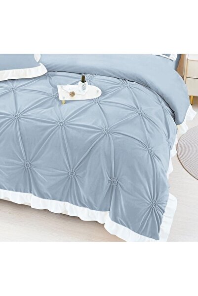 OEM Luxury Double Bed Velvet Bedding Set, 4 Pieces with White Ruffles and Embroidered Pleats, Blue