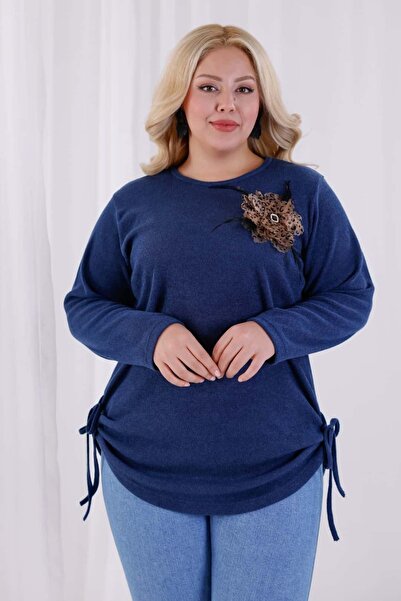 tarzımsüper Γυναικεία μπλούζα πλεκτή με λεπτομέρεια λουλουδιών με μαλακή υφή με κορδόνια στο πλάι