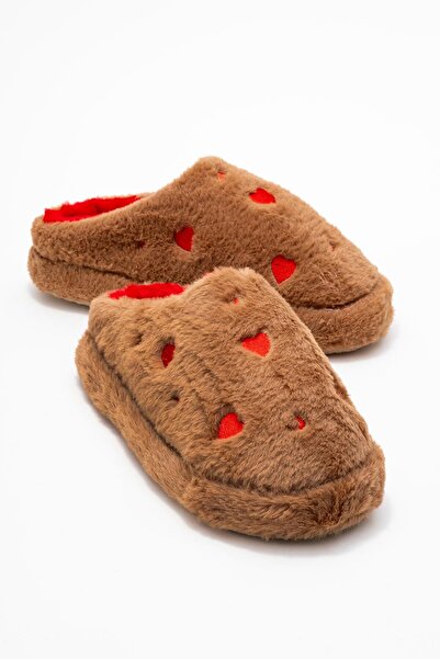 CCWAY AYAKKABI Papuci de casă cu pene în formă de inimă pentru femei; VİZON