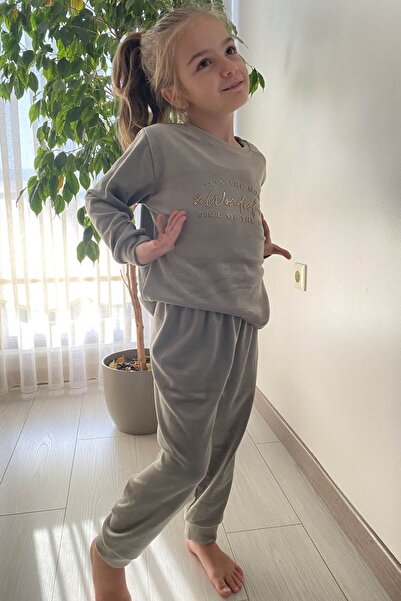 sharin Set de pijamale pentru fete, verde, cu mâneci lungi, din catifea, cu gât rotund, 10E-2356