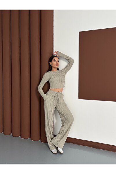 MODAMERSİ Women's Khaki Finger-Tied Ruffle Fabric Top and Bottom Set