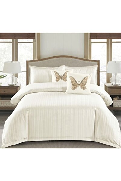 OEM Set Double Bedding, Plain, Finet Damask, 1 cm Stripe, 6 Pieces, Elastic Bed Sheet 180x200 cm, Duvet