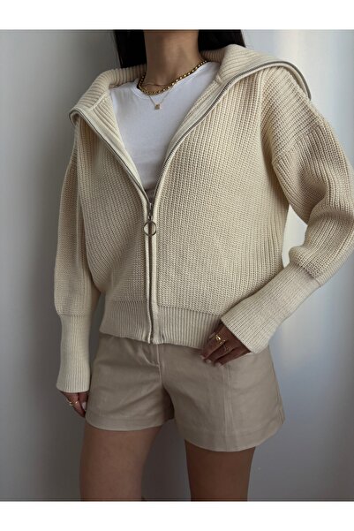 LOTUS CITY Ekru Devrik Yaka Fermuarlı Triko Hırka