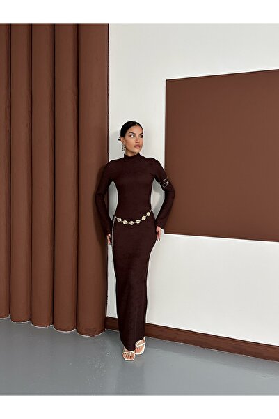 MODAMERSİ Жіноча коричнева сукня з довгим поясом