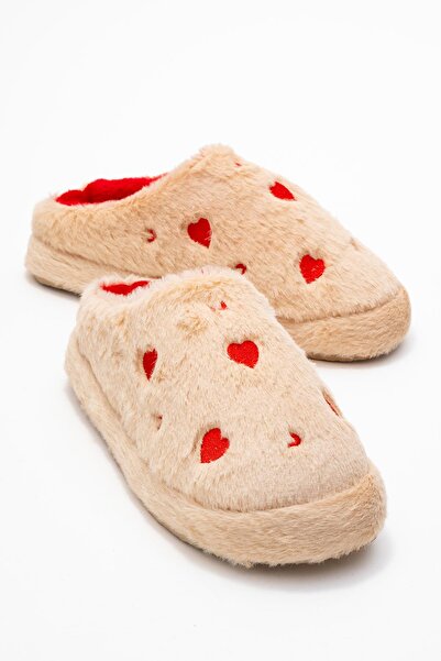 CCWAY AYAKKABI Papuci de casă cu pene în formă de inimă pentru femei; CREAM
