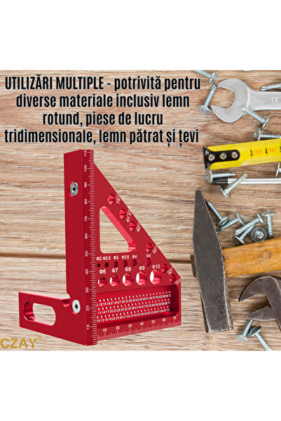 CZAY Echer 45/90, echer 3D, unghiuri de 22,5 și 90, riglă triunghiulară de precizie 0,1 mm/ 0,004