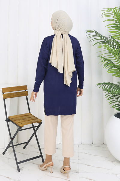 benguen Collar Detailed Long Mercerized Cardigan N3260 Navy Blue