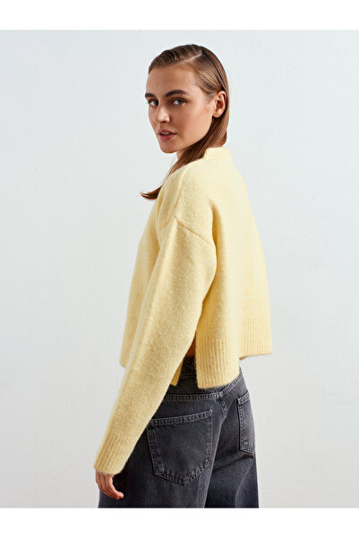 Dilvin 60280 Wool Blend Knit Cardigan with Side Slits - Light Yellow