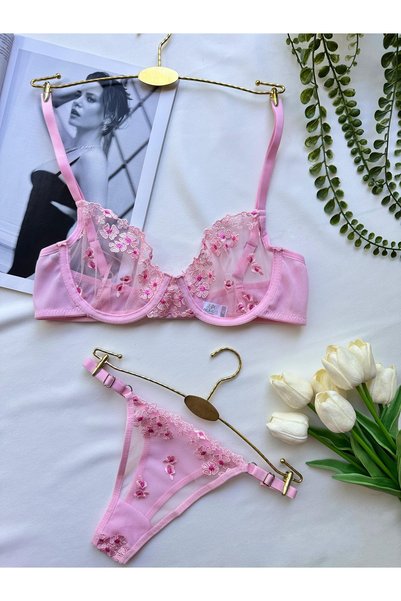 BLUE AVCI LINGERIE Mean Girl Lingerie Floral Pattern Soft Pink Underwire Tulle Bra Set