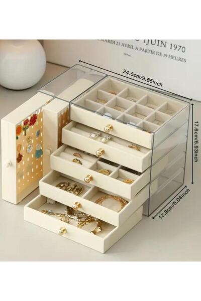 LONDON Birds Store 7 Katlı Şeffaf Akrilik Kadife Takı Kutusu, Organizer, Yüzük, Kolye, Küpe, Bileklik