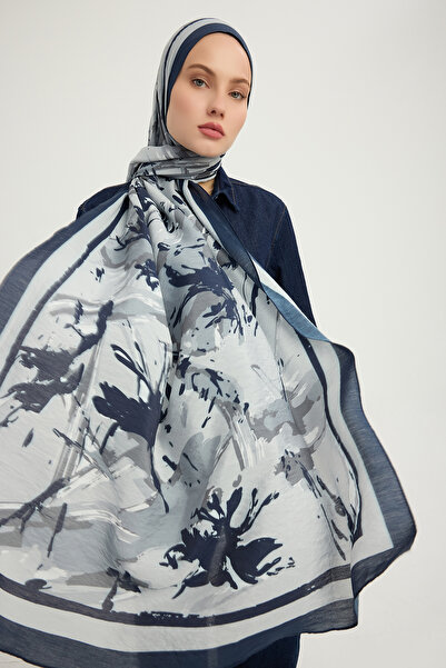 Schaless Özgür Fırçalar - Navy Blue - Vierra Patterned Viscose Shawl - 70X190 cm