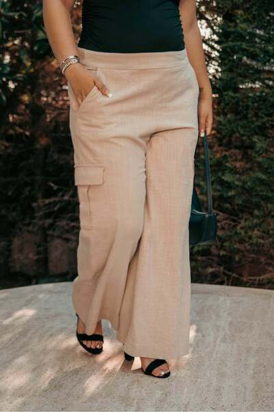 Roxxlen 1111056 Γυναικείο Μεγάλο Μέγεθος Παντελόνι Φαρδύ Μπεζ Συσκευασία των πλαϊνή τσέπη