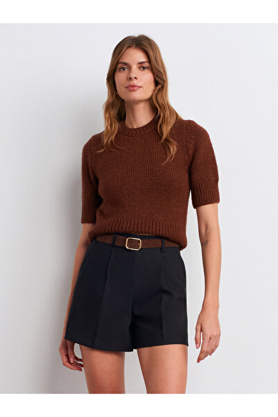 Dilvin 10821 Crew Neck Short Sleeve Knitwear Sweater-Brown