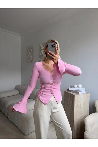 Zora Butik Kolları Volanlı Aksesuar Bluz - PEMBE