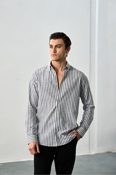 Sulti Slim Fit Siyah Çizgili Düğmeli Yaka %100 Pamuk Flamlı Keten Görünümlü G...
