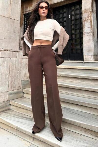 Seeh Pantaloni din material textil maro talie înaltă SH325