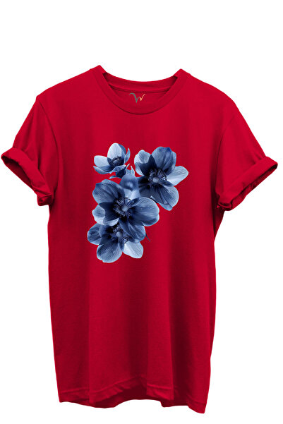 WİDİ Blue Floral Patterned Women's 100% Cotton Regular Fit Crew Neck T-Shirt