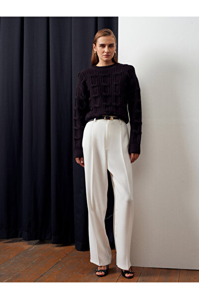 Dilvin 10825 Embossed Detailed Knitwear Sweater-Dark Brown