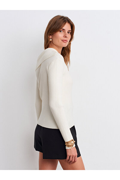 Dilvin 10815 Asymmetrical Collar Wool Blend Knit Blouse-Ecru