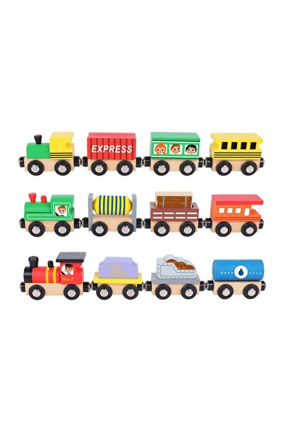 Tooky Toy Set of 12 wooden train pieces, three locomotives and wagons with ma...