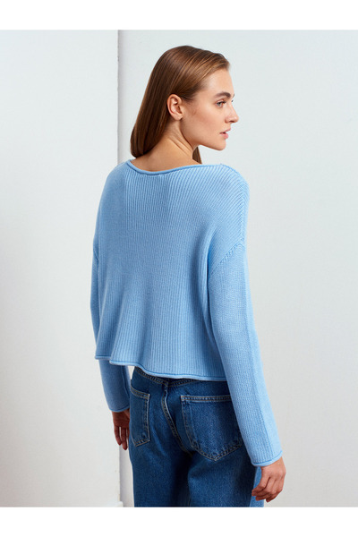Dilvin 10804 Boat Neck Flowy Knit Sweater-Blue