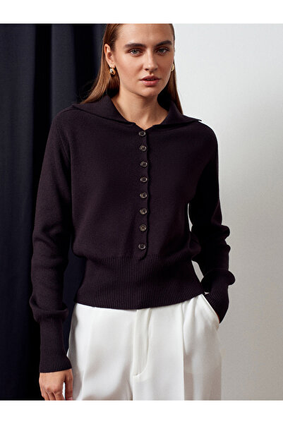 Dilvin 10816 Wool Blend Buttoned Knit Sweater-Dark Brown