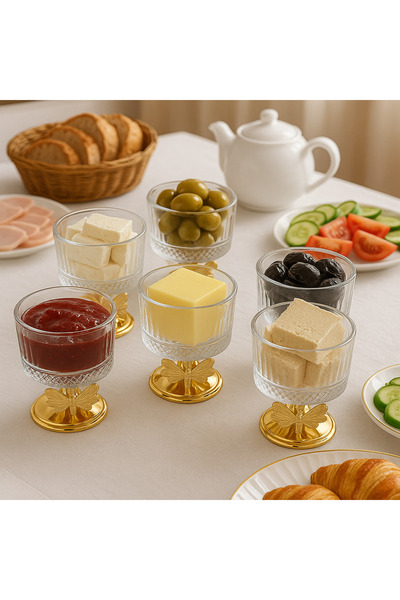 Fiyakalı Ürünler Atölyesi 6-Piece Elysia Glass Magnolia Bowl with Stand, Without Lid, Ice Cream Bowl, Sugar Bowl, Snack Bowl, Jam Bowl