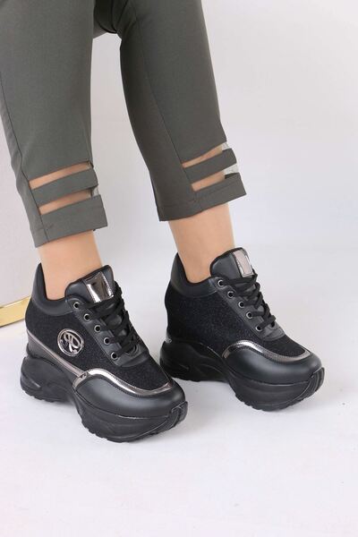 sefayol Karlis Black Fur Hidden Heel Women's Sneakers