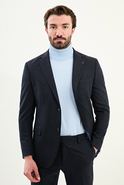 Mcr Patterned Slim Fit Mono Collar Wool Men's Suit Navy Blue - 45429.25K
