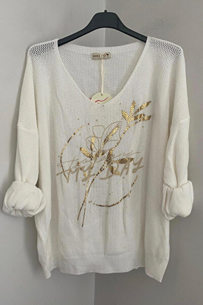 AYASOFYA OTANTIK Women's Italian White V-Neck Leaf Detail Sprout Pattern Oversized Loose Knit Blouse Sweater