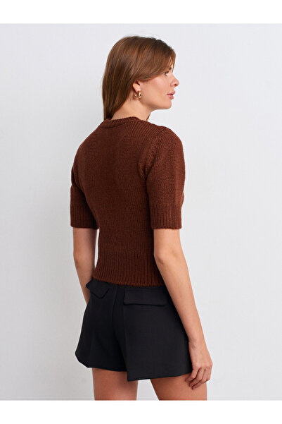 Dilvin 10821 Crew Neck Short Sleeve Knitwear Sweater-Brown
