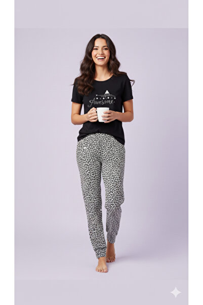 fames Set de pijamale de damă din bumbac pieptănat, cu mânecă scurtă