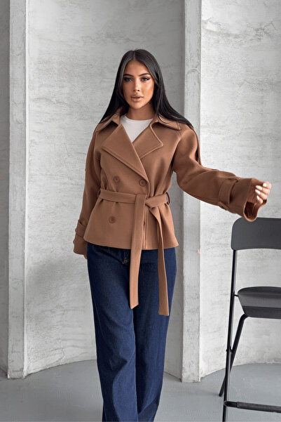 giyimmasalı Εισαγόμενο κοντό παλτό από ύφασμα κασέ - ΑΝΟΙΧΤΟ ΚΑΦΕ