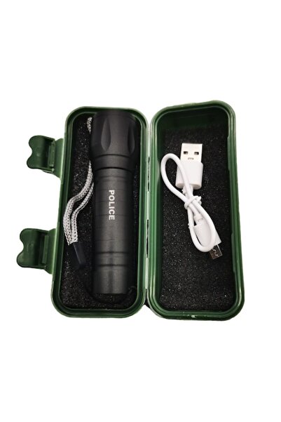Vision XXI Portable Metal Flashlight, Military Police, USB Charging, 3 Lighting Modes, Green,