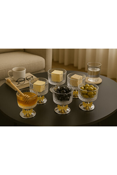 Fiyakalı Ürünler Atölyesi 6-Piece Elysia Glass Magnolia Bowl with Stand, Without Lid, Ice Cream Bowl, Sugar Bowl, Snack Bowl, Jam Bowl