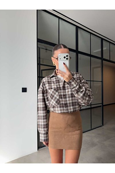 BB Bensu Buyruk Cămașă pentru pădurar în carouri maro-gri cu o singură buzunar