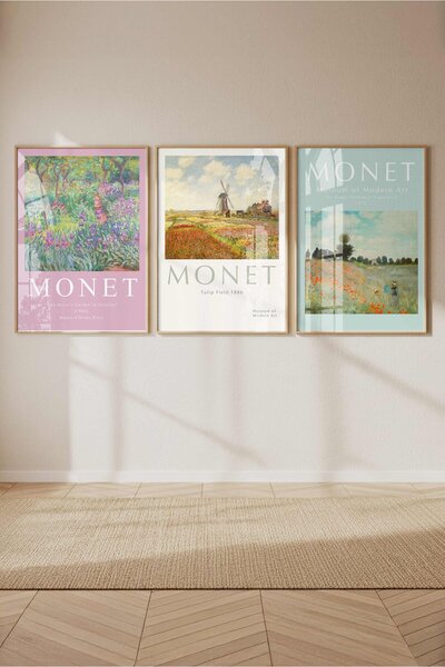 Buka Shops Pastel Tonlarda Monet Galeri Duvarı Seti 3'lü Çerçeveli Renk Seçenekli